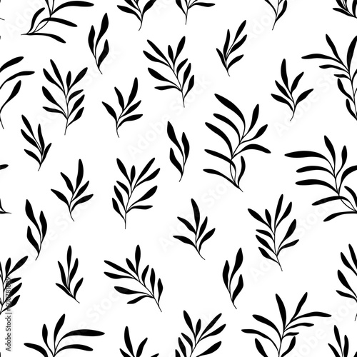 Seamless fantasy leaves pattern in black and white. Vector monochrome illustration.