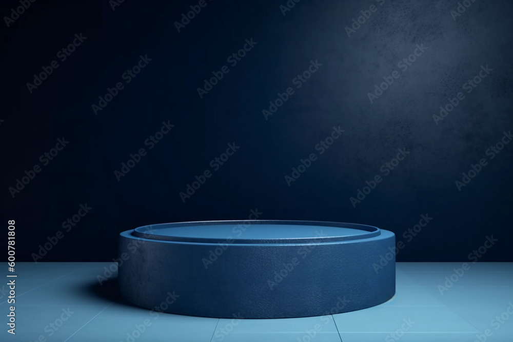 Navy blue and light blue podium display background and natural shadow. Beauty product promotion mockup. Round stand for cosmetic products. Generative AI Navy blue and light blue podium display background and natural shadow. Beauty product promotion mockup. Round stand for cosmetic products. Generative AI