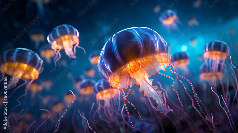 Naklejka premium Many small jellyfish Aurelia aurita in sea Illustration AI Generative.