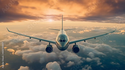 Airplane in sky background. Illustration AI Generative.