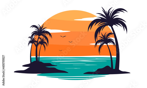 Tropical paradise emblem with palm trees and sunset, vector logo template, isolated on white background, copy space. © Tatiana