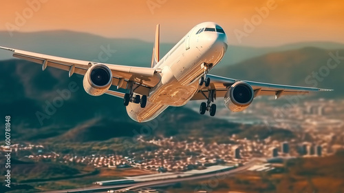 Airplane in sky background. Illustration AI Generative.