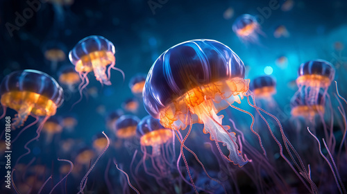  Many small jellyfish Aurelia aurita in sea Illustration AI Generative. photo