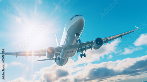 Airplane in sky background. Illustration AI Generative.