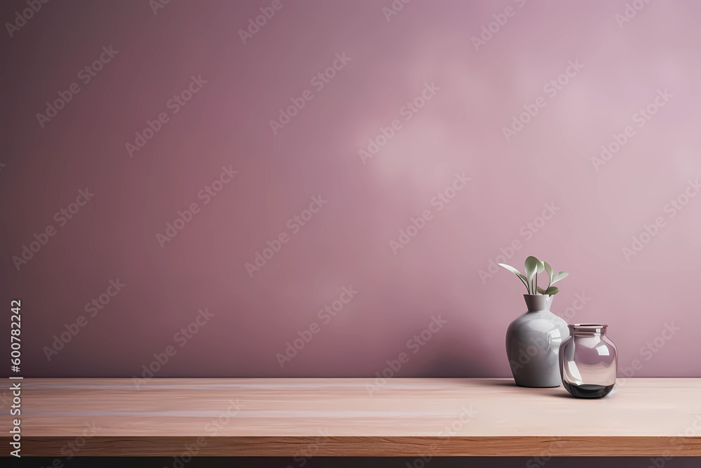 Textured purple mauve wall copy space. Monochrome empty room with minimalist wood table. Wall scene mockup product for showcase, Promotion background. Generative AI. - obrazy, fototapety, plakaty 