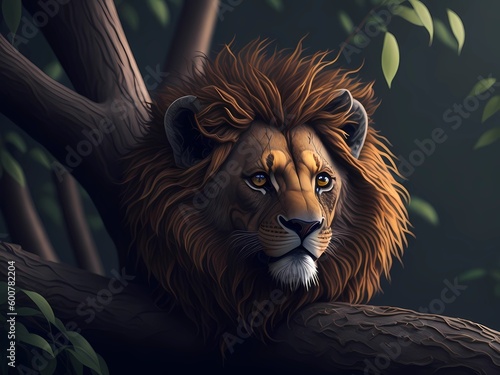 Lion in a tree with a forest background  Generated AI