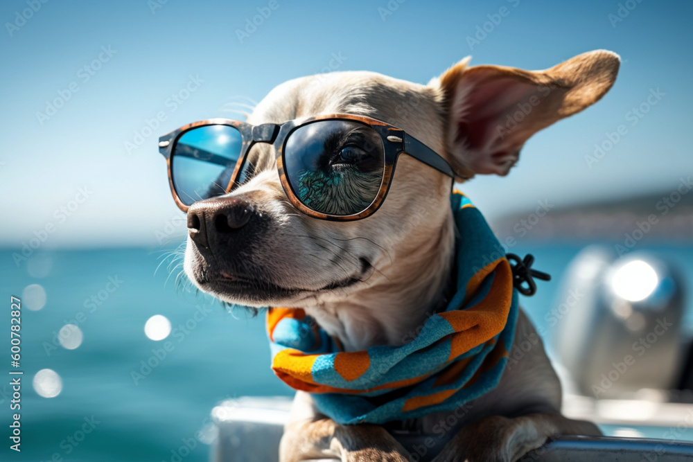 Chihuahua in fashion sunglasses and scarf whole body lying on the yacht and traveling at the beach, water reflection in glasses, vacation at sea concept, generated ai