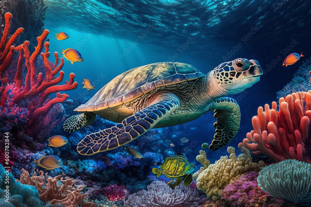Fototapeta premium Big turtle underwater side view on a reef background, beautiful underwater life in coral reefs, generated ai