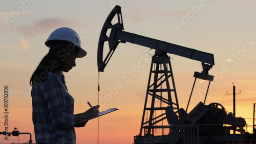 Woman in a working construction helmet makes notes in the report, fills out documents. Maintenance of oil pump jacks. Pumping unit oil, gas and combustible fuel. Oil worker checks an oil rig at sunset
