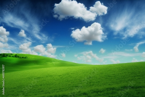 Beautiful grassy field nature landscape background panorama with blooming glade, trees, hills and blue sky, generative ai