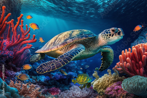 Big turtle underwater side view on a reef background, beautiful underwater life in coral reefs, generated ai © Creative Team
