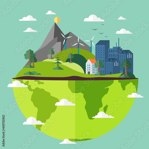 City sustainable power supplies green energy environmental wind power urban concept. Green city generates electricity with wind turbines. Clean energy and environmentally friendly alternative source