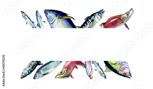 Frame of various fresh sea fish watercolor illustration isolated on white. Wild fish, tuna, salmon, herring, anchovy hand drawn. Design element for cookbook, signboard, menu, market, packaging