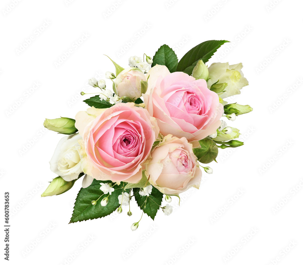 Floral arrangement with pink roses, eustoma and gypsophila flowers isolated on white or transparent background