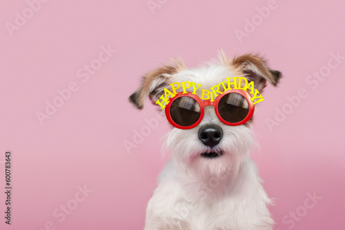 Cute dog wearing happy birthday glasses
