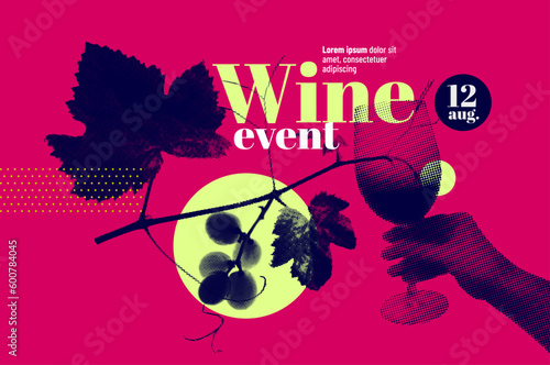 Halftone image hand with glass of wine and vine leaves. Vector background