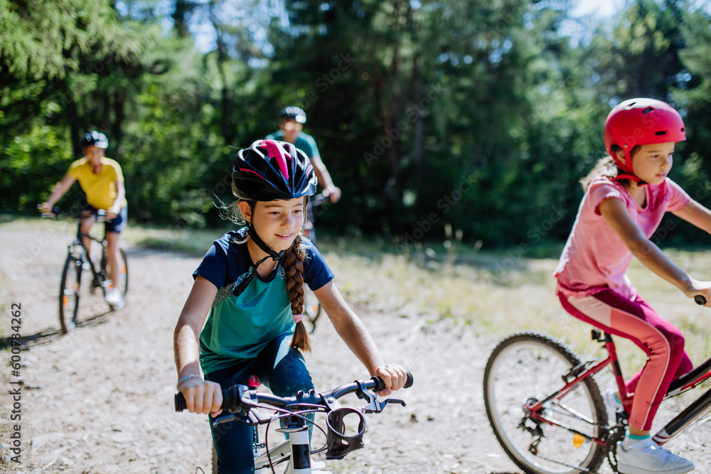 Fototapeta premium Young family with little children at bike trip together in nature.