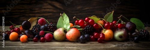 Seasonal fruits  collection lying on a wooden background  copy space  banner  generative ai
