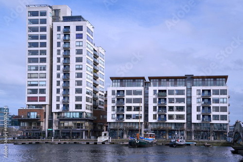 Photography Row of modern apartment buildings in the Docklands area of Dublin along the Gran