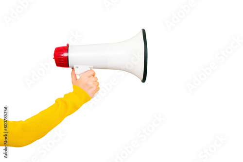 megaphone in handisolated on transparent background, attention concept announcement
