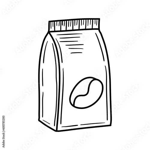 Paper bag full of coffee, vector isolated line art, linear illustration of craft coffee packaging. 