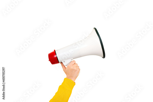 megaphone in hand isolated on transparent background, attention concept announcement