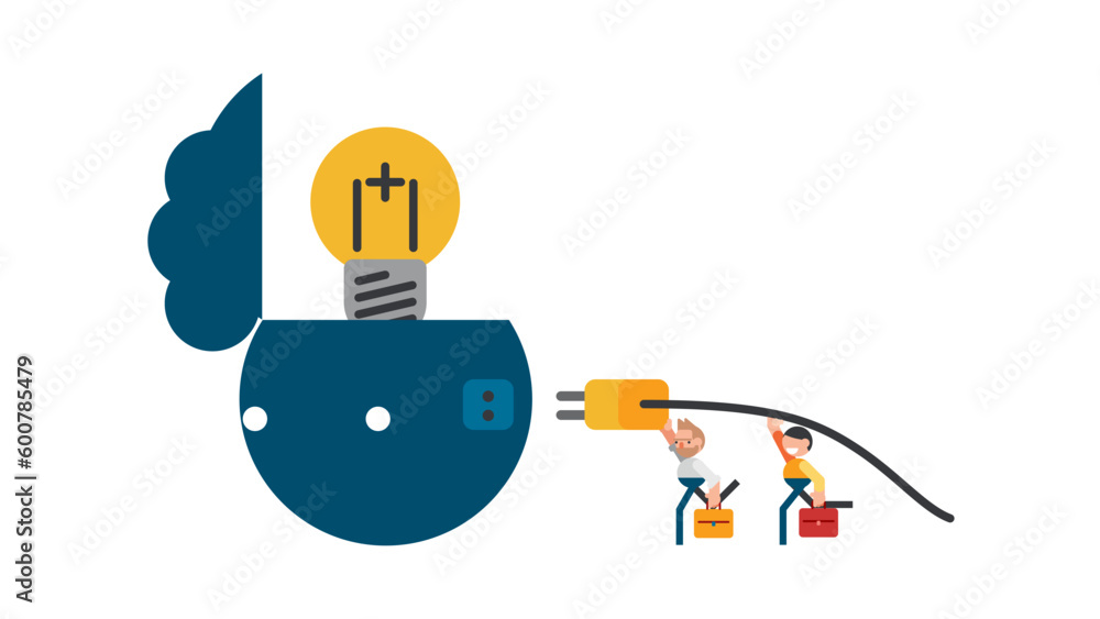 Male employee trying to plug in the power socket, add ideas, human heads, light bulbs mean ideas, develop Male employee trying to plug in the power socket, add ideas, human heads, light bulbs mean ideas, develop