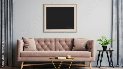 Mockup of poster frame in living room. Illustration AI Generative.