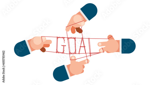 Four hands working together to weave a thread in the word goal, a metaphor for helping each other. It will be successful.