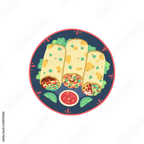 Burrito. Traditional mexican food. Mexican cuisine. Isolated dish on white background. Clipart element for menus, cookbooks, posters, banners. Vector illustration