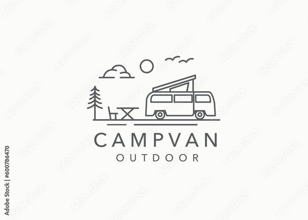 Line art Camper van logo, emblems and badges. camping tent and forest silhouette. Recreational vehicle illustration