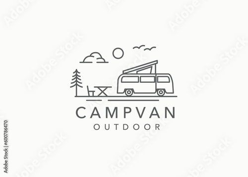 Line art Camper van logo, emblems and badges. camping tent and forest silhouette. Recreational vehicle illustration
