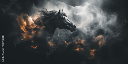 Horse in the dark with fire and smoke. Generative AI © Marc Andreu