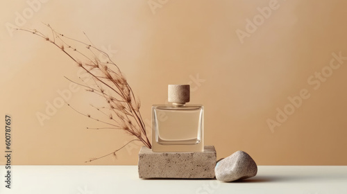 Perfume bottle on natural stone background. Illustration AI Generative.