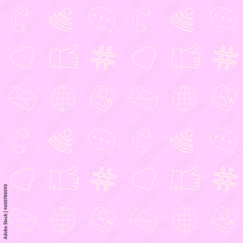 Lovely seamless pattern with different icons for social media, webpages, and advertising background. Phone, 