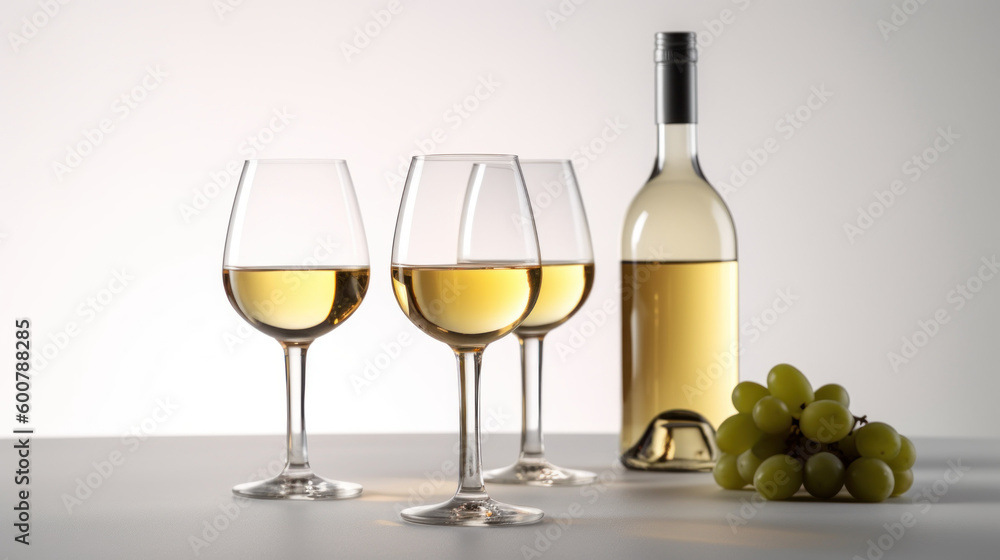 bouteille et verre de vin blanc sur une table avec grappe de raisin, fond neutre blanc
