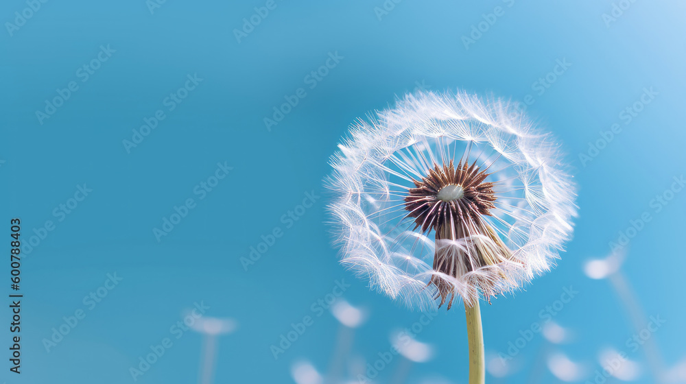 Fototapeta premium Dandelion on blue background. Illustration AI Generative.