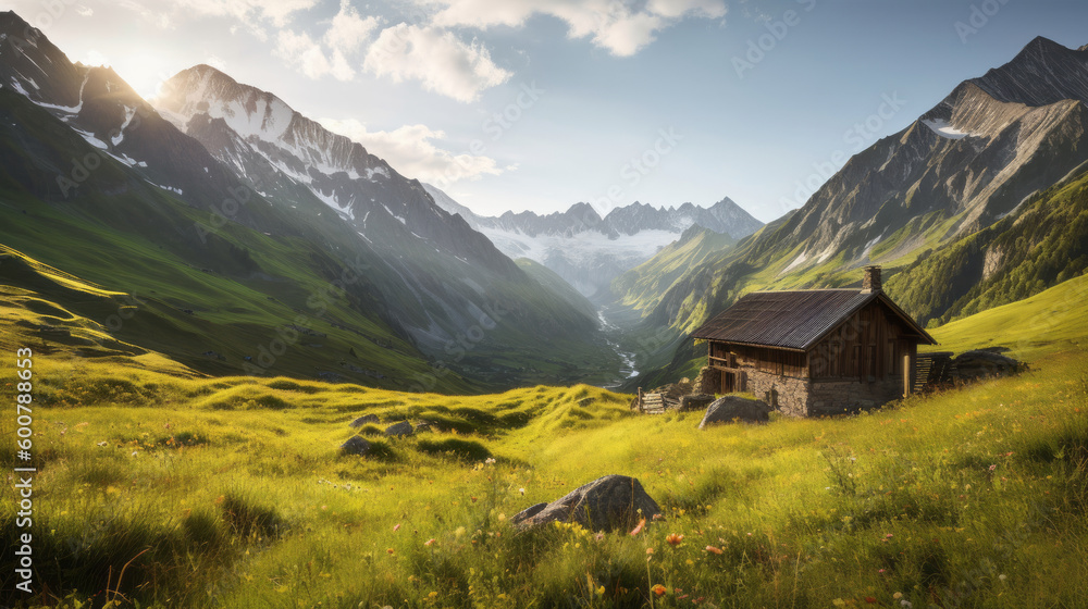 House in mountain meadow. Illustration AI Generative.