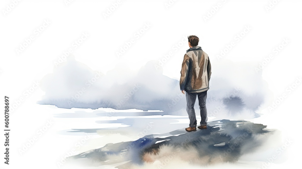 A young man standing and looking out towards a thickly foggy sea, watercolor, illustration painting, isolated on white, Generative AI