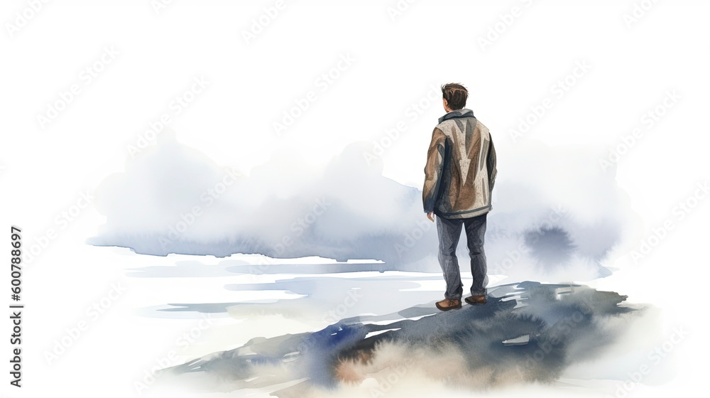 A young man standing and looking out towards a thickly foggy sea, watercolor, illustration painting, isolated on white, Generative AI A young man standing and looking out towards a thickly foggy sea, watercolor, illustration painting, isolated on white, Generative AI
