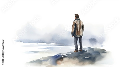 A young man standing and looking out towards a thickly foggy sea, watercolor, illustration painting, isolated on white, Generative AI