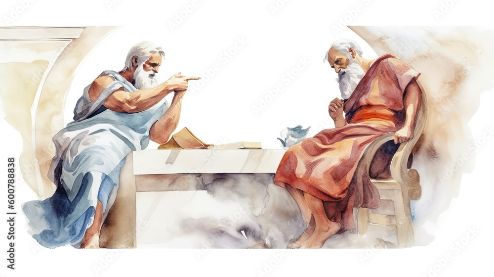 Obraz premium Greek philosophers, including Plato and Aristotle, engaged in a discussion, watercolor, isolated on white, Generative AI