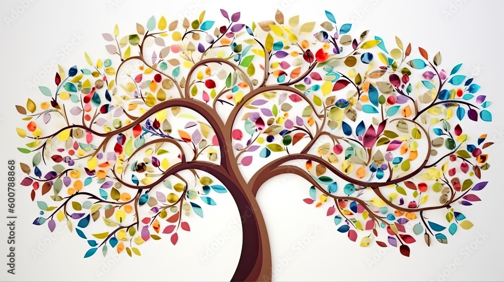 Colorful tree with leaves on hanging branches illustration background, 3d abstraction wallpaper for interior mural wall art decor, Floral tree with multicolor leaves, Generative AI Colorful tree with leaves on hanging branches illustration background, 3d abstraction wallpaper for interior mural wall art decor, Floral tree with multicolor leaves, Generative AI