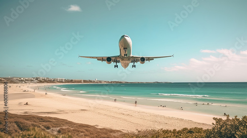 Airplane in sky background. Illustration AI Generative.