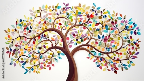 Colorful tree with leaves on hanging branches illustration background, 3d abstraction wallpaper for interior mural wall art decor, Floral tree with multicolor leaves, Generative AI