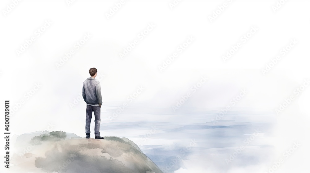 A young man standing and looking out towards a thickly foggy sea, watercolor, illustration painting, isolated on white, Generative AI A young man standing and looking out towards a thickly foggy sea, watercolor, illustration painting, isolated on white, Generative AI