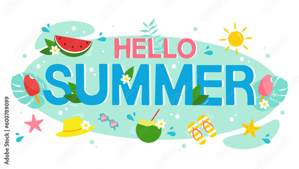 Hello summer bright background for banners design. Horizontal poster, greeting card, header for website. Vector illustration