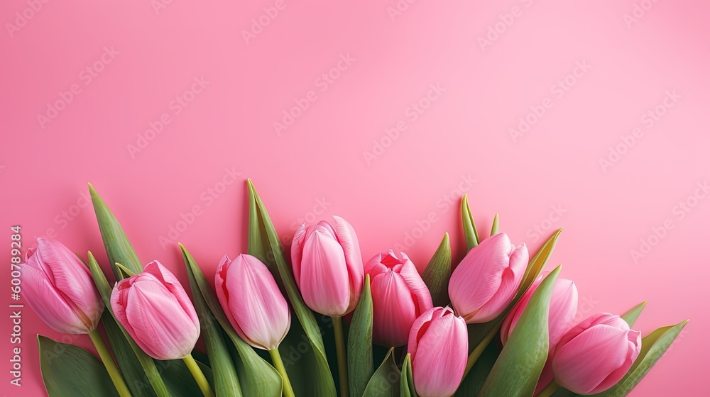 Pink Holiday banner. Bouquet of pink tulips on pink background. Mother's day concept. Copy space, generative ai Pink Holiday banner. Bouquet of pink tulips on pink background. Mother's day concept. Copy space, generative ai