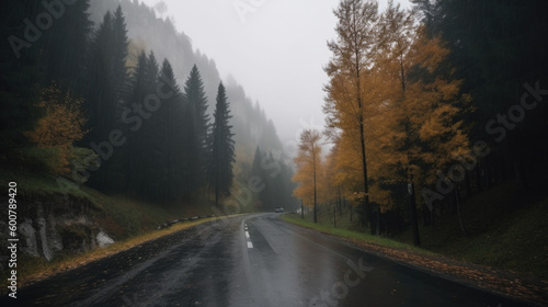 a wet road in autumn. Generative AI