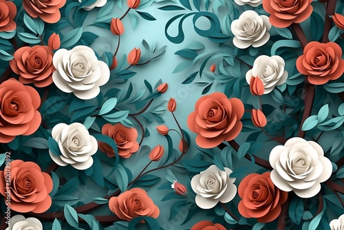 Fototapeta Naklejka Na Ścianę i Meble -  3D roses background, 3d abstraction wallpaper for interior mural wall art decor. Generative Ai.